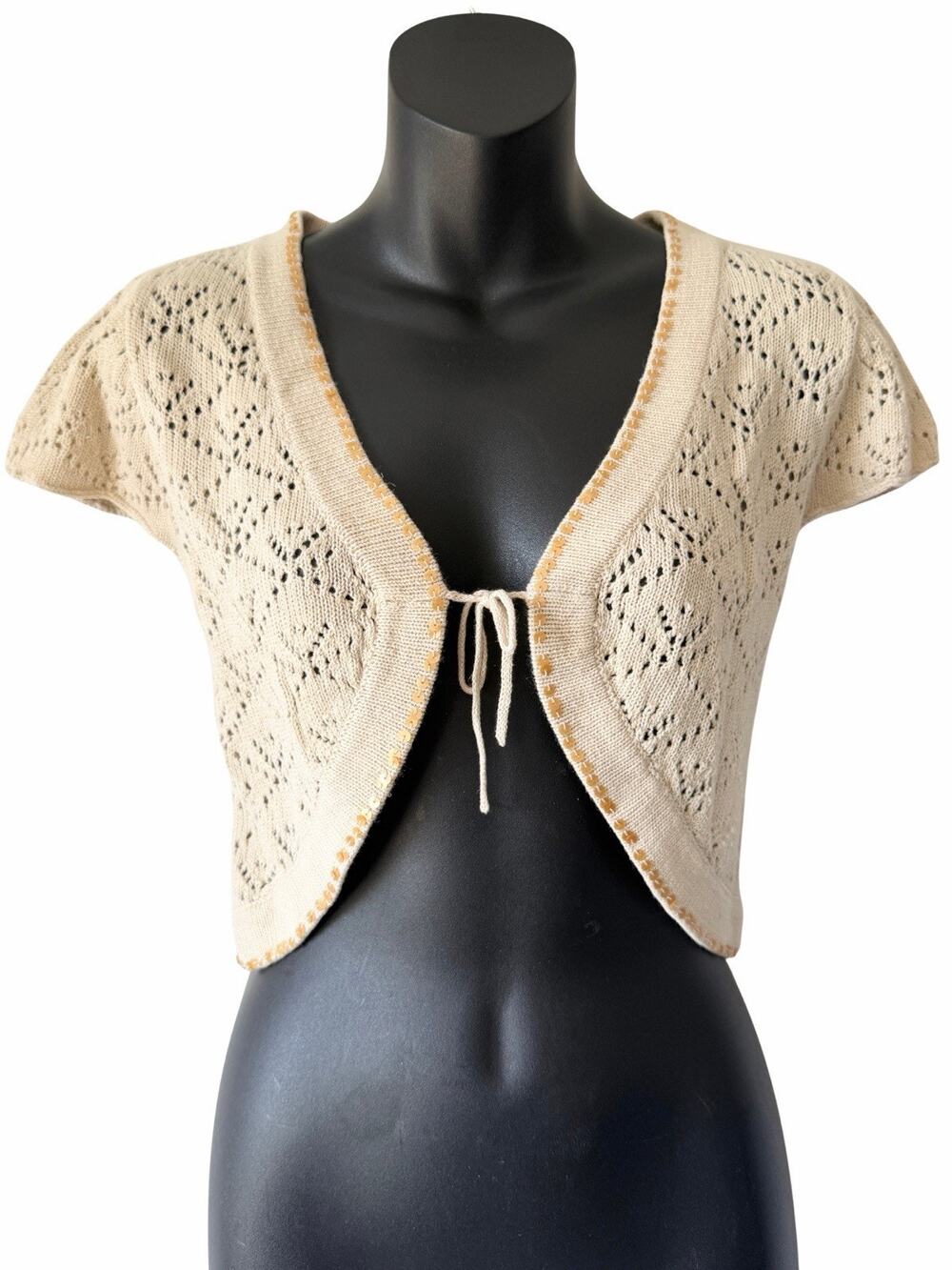 Charter Club Crochet Tie Front Shrug Bolero Womens One Size Cream Sequins Boho